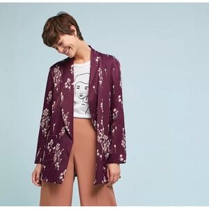 Ett Twa Tavie Anthropologie Burgundy Floral Open Front Blazer Jacket Small